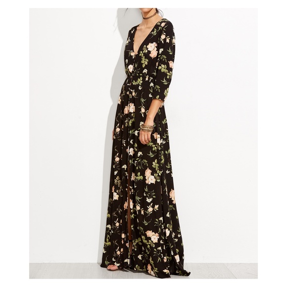 Black V Neck Button Down Floral Maxi Dress - Picture 4 of 8